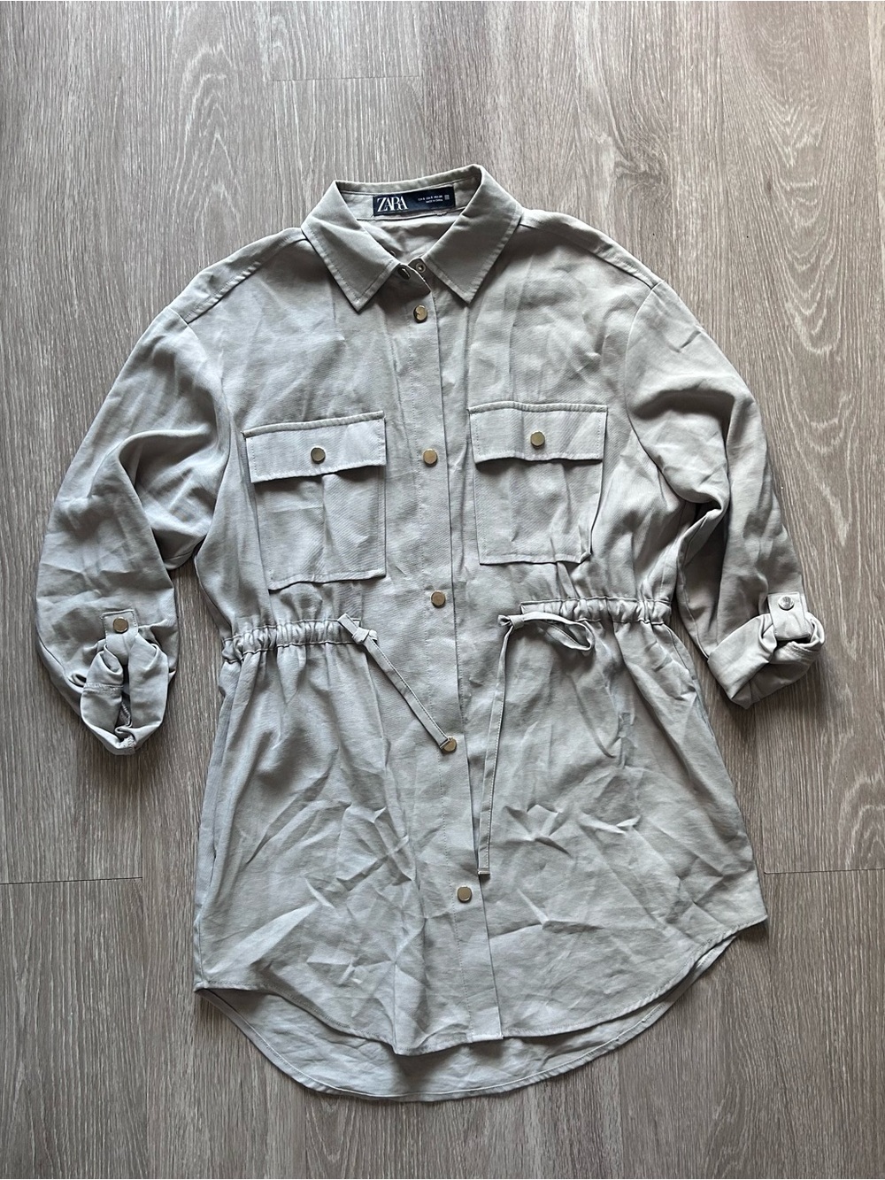 Zara Sand Beige Adjustable Drawstring Waist Utility Overshirt Tunic Top Small